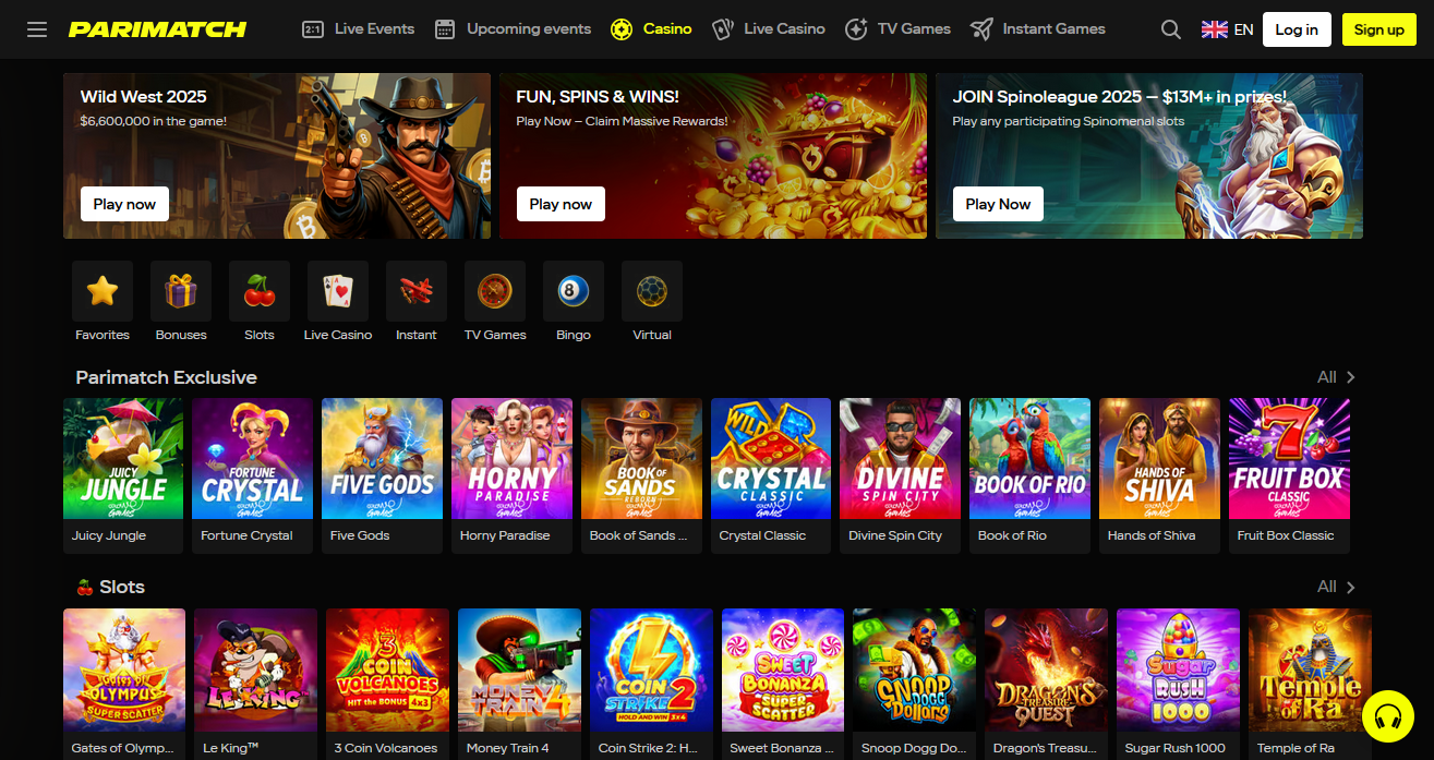 Parimatch Ghana online casino games and slot machines interface
