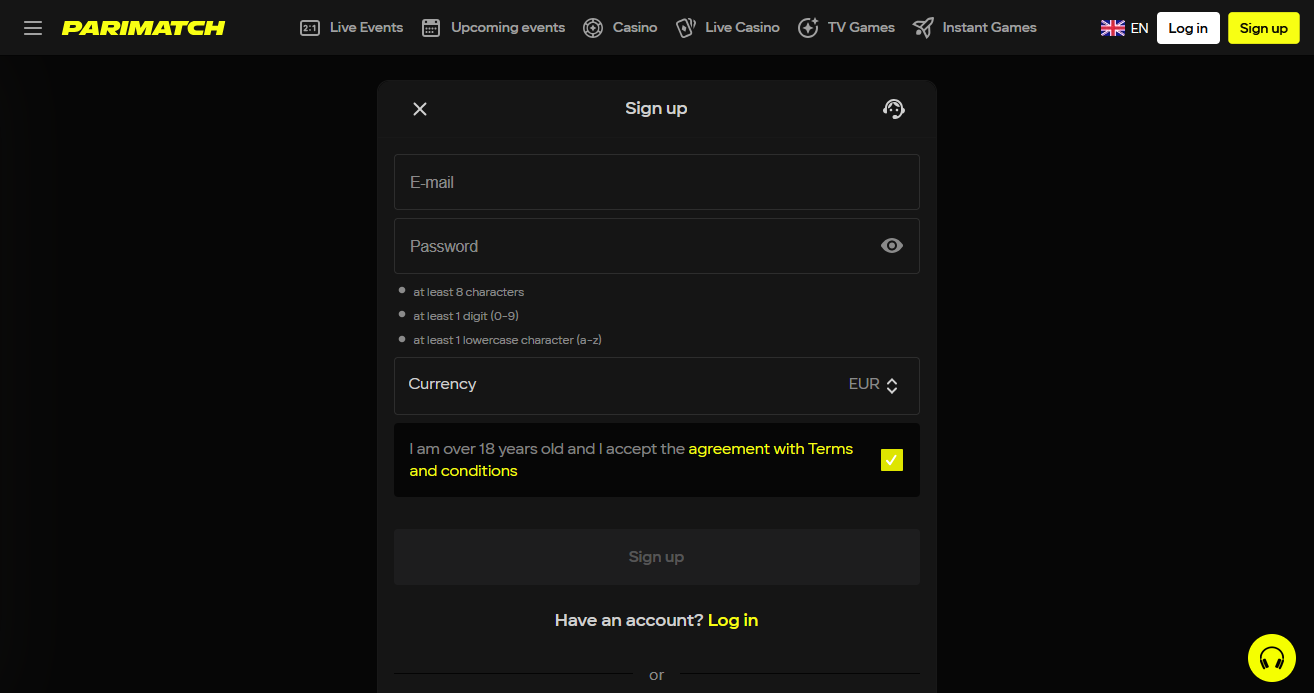 Parimatch Ghana registration form for creating a new account